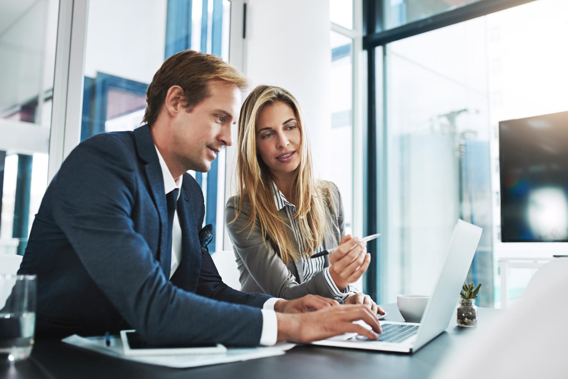 Business professionals in a meeting while working on a laptop